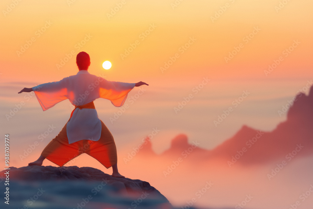 Fototapeta premium Woman practicing inner harmony at sunrise on a tranquil mountain peak, tai chi exercises