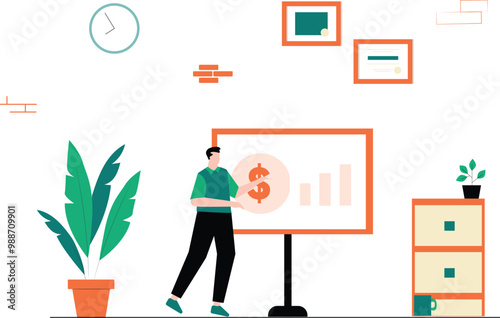 Business Activity Concept - Vector Illustration of a Professional Man Engaged in Various Office Tasks and Responsibilities