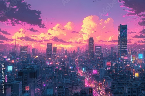 A Digital Painting of a Futuristic Cityscape at Dusk