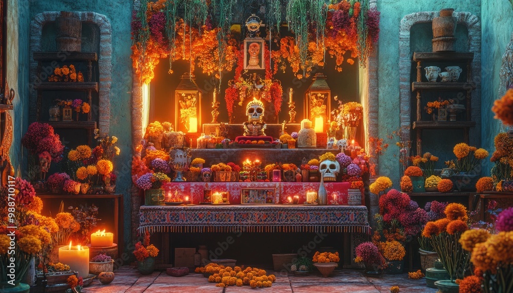 Decorative Altars with Offerings and Candles for Day of the Dead Celebration Decorative Altars with Offerings and Candles for Day of the Dead Celebration
