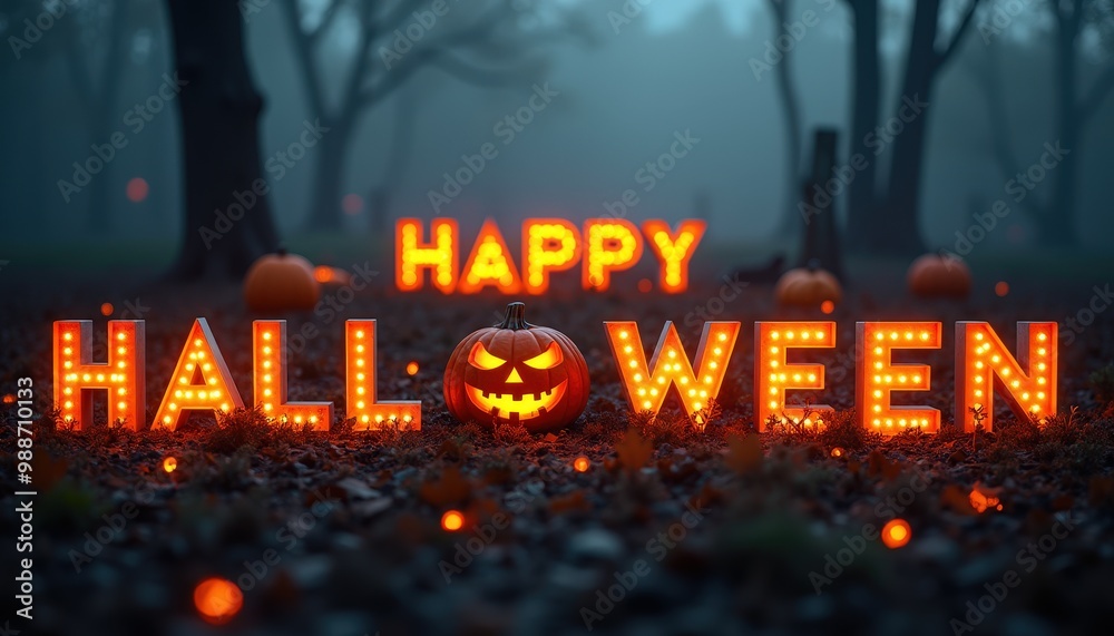 Illuminated Happy Halloween Sign in Spooky Forest.