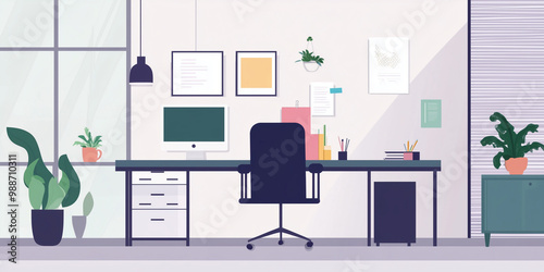 Vector illustration of an office. confortable place o work everyday. luminous, spacious and bright place to work. Happiness at during work time. business and successful spaces. 