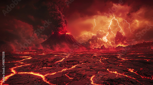 Red Hell The ground cracked red, there was fog above, red clouds, lightning flashed in the distance, there was a red volcano covered in dust and explosions