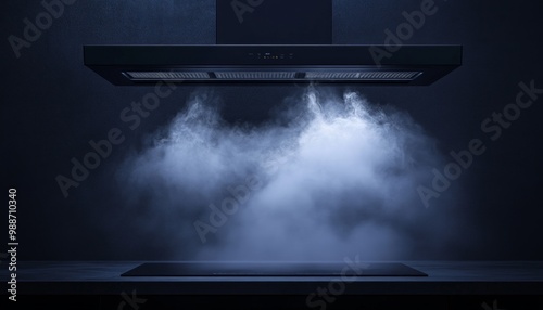 Black Kitchen Hood with Rising Steam in Dark Interior