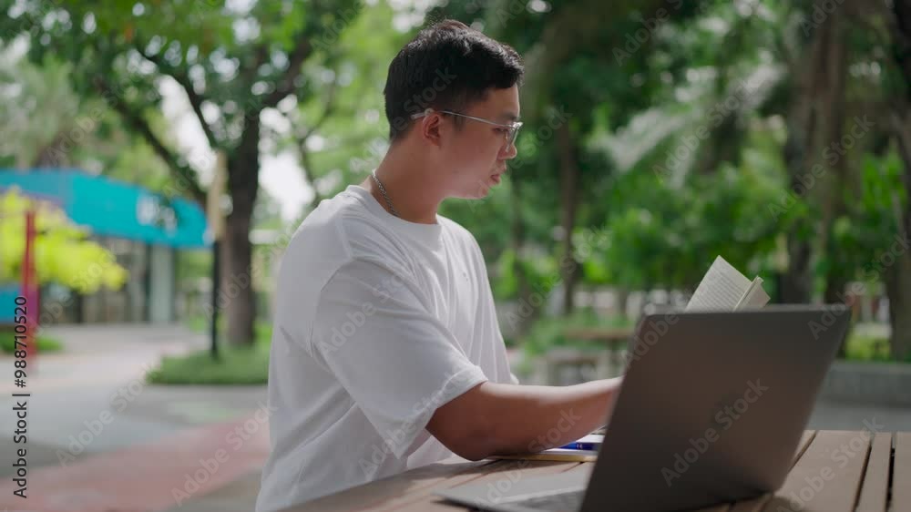 Side view of young Asian man in white t-shirt and glasses reading a book and holding a laptop at an outdoor table in a quiet and green park, Technology, Research, Finding inspiration, Hobby, Relaxatio Side view of young Asian man in white t-shirt and glasses reading a book and holding a laptop at an outdoor table in a quiet and green park, Technology, Research, Finding inspiration, Hobby, Relaxatio