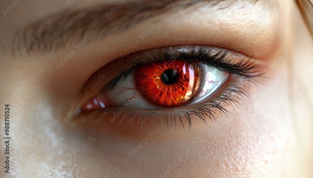 Close-Up of a Person's Eye with Glowing Red Iris and Reflections Close-Up of a Person's Eye with Glowing Red Iris and Reflections