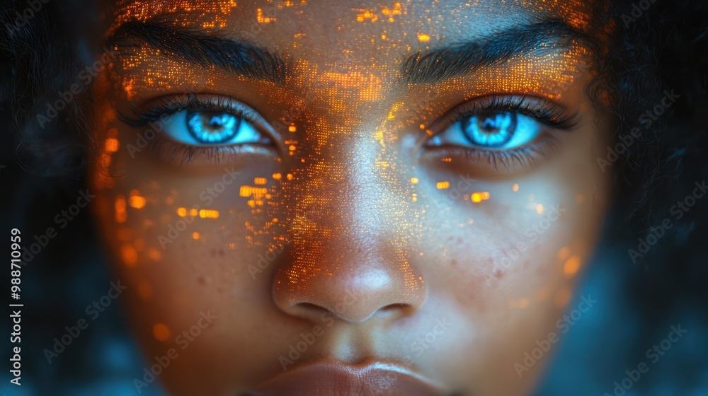 Woman's face covered in orange glowing digital projections with bright blue eyes, representing futuristic data, AI technology, and innovative cyber intelligence. Woman's face covered in orange glowing digital projections with bright blue eyes, representing futuristic data, AI technology, and innovative cyber intelligence.