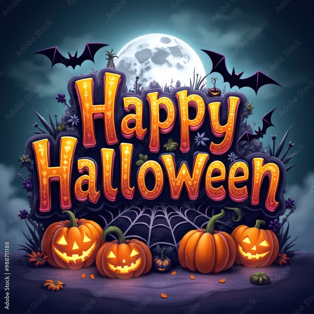 Happy Halloween Greeting with Pumpkins and Bats. Happy Halloween Greeting with Pumpkins and Bats.