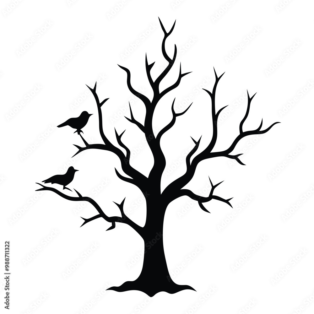 Fototapeta premium a black and white silhouette of a tree with no leaves. The tree has a bare trunk and branches that are twisted and gnarled. On the branch, there are two crows perched on it