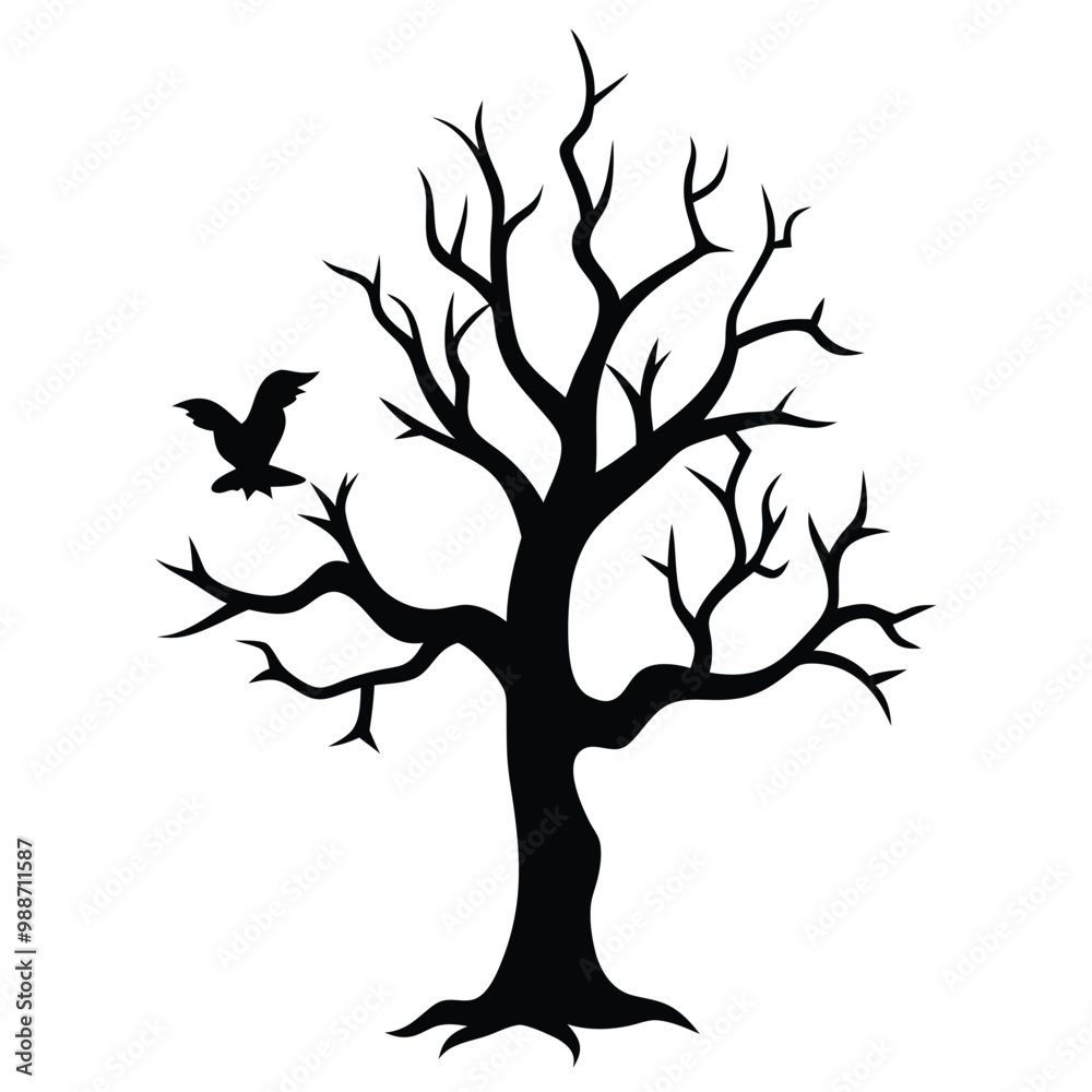 a black and white silhouette of a tree with no leaves. The tree has a bare trunk and branches that are twisted and gnarled. On the branch, there are two crows perched on it a black and white silhouette of a tree with no leaves. The tree has a bare trunk and branches that are twisted and gnarled. On the branch, there are two crows perched on it