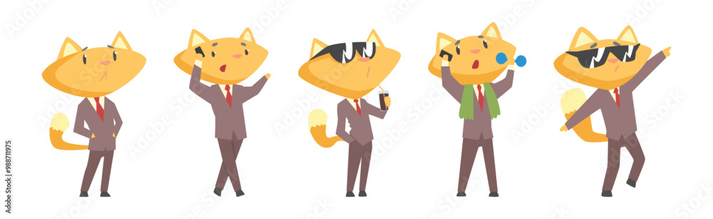 Ginger Cat Businessman Character in Formal Suit and Tie Vector Set Ginger Cat Businessman Character in Formal Suit and Tie Vector Set