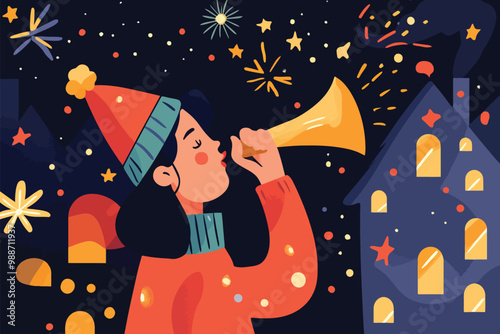 A person blowing horn at a party