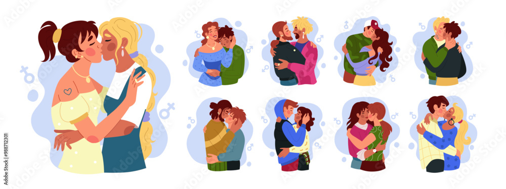 Couple kiss. Girl lesbian love. Guy romantic, sexy person, romance lips. Relationship passion boyfriend and girlfriend. Hug partner character. Cartoon flat style isolated illustration. Vector tidy set Couple kiss. Girl lesbian love. Guy romantic, sexy person, romance lips. Relationship passion boyfriend and girlfriend. Hug partner character. Cartoon flat style isolated illustration. Vector tidy set