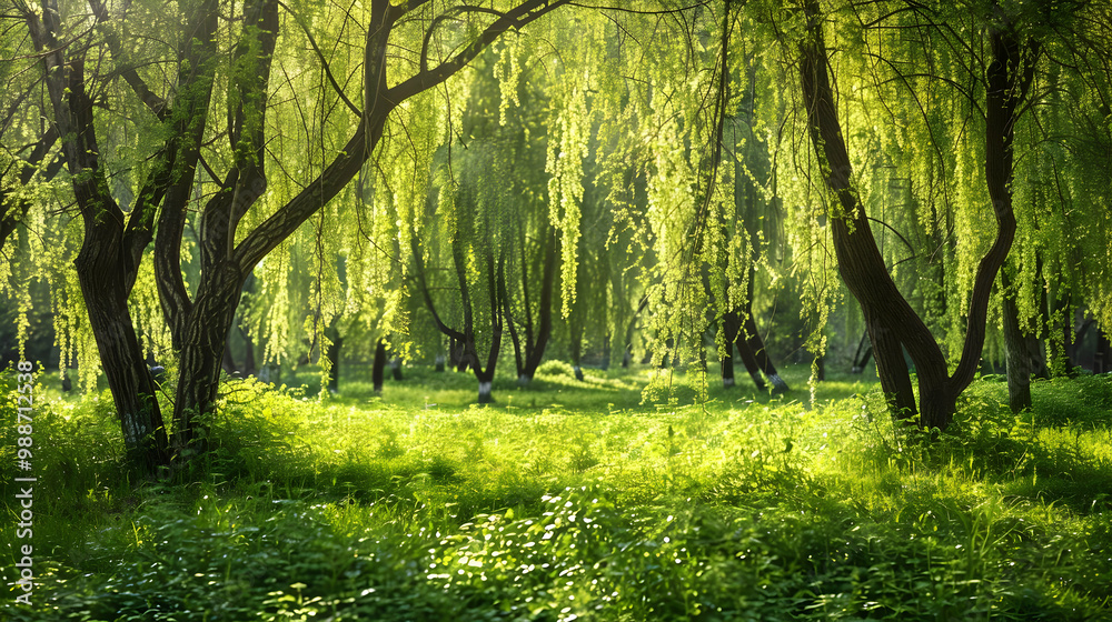 Sun Dappled Forest: Weeping Willow Trees in a Lush Meadow