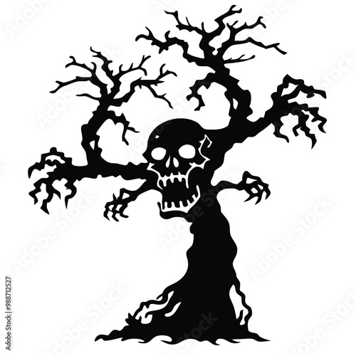 a tree with a skull on top. The tree has a tall trunk and branches that are twisted and gnarled, giving it a spooky and eerie appearance, vector silhouette 