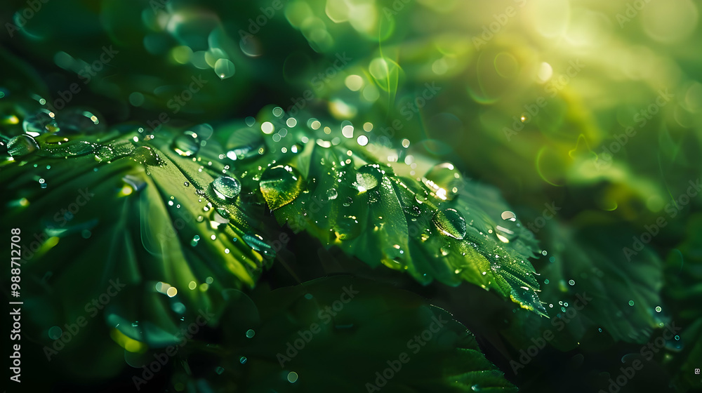 Fototapeta premium Water Drops on Green Leaves: A Close-Up Macro Photography