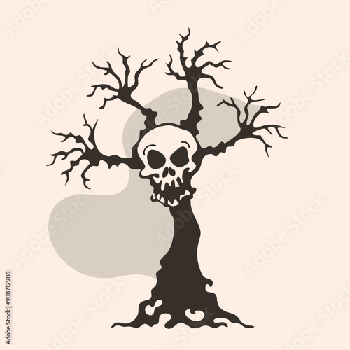 a tree with a skull on top. The tree has a tall trunk and branches that are twisted and gnarled, giving it a spooky and eerie appearance, vector silhouette 