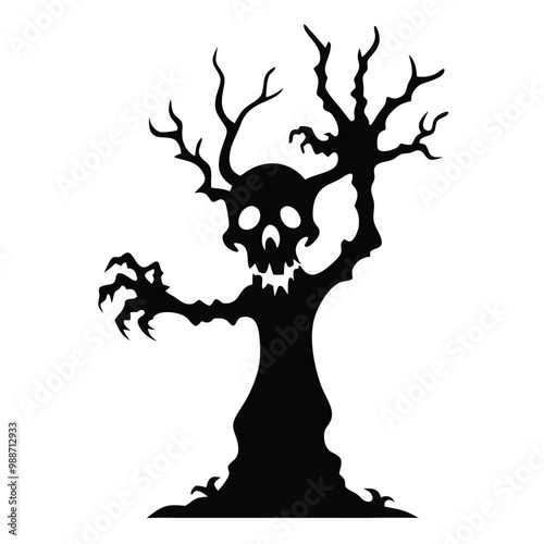 a tree with a skull on top. The tree has a tall trunk and branches that are twisted and gnarled, giving it a spooky and eerie appearance, vector silhouette 