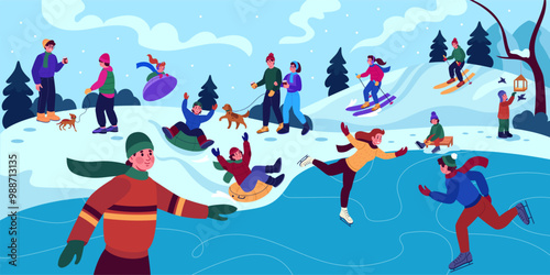 Christmas family walk in nature. Children play on snow. Winter landscape. Snowy hills. Cold season sport. Ice skating. Frozen street park. Kids ski and sleigh. Outdoor activity. Vector tidy background