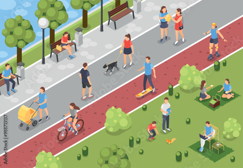 Isometric city park activities. People walking outdoor, riding bicycle, reading on bench and having picnic. Weekend recreation, flawless vector scene