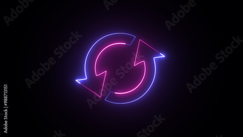 Abstract glowing blue and purple neon recycling circle background. Arrows show recycling or environmental protection