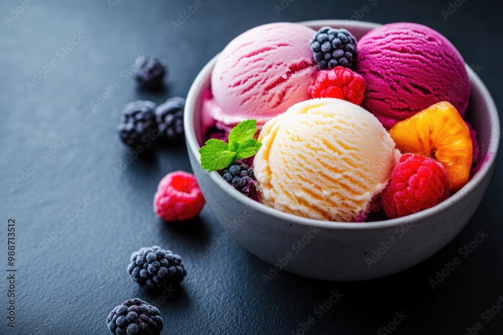 Bowl of colorful ice cream with berries on a dark background, close-up. Bowl of colorful ice cream with berries on a dark background, close-up.