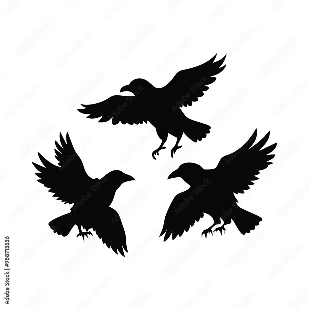 black silhouette of three crows. The crows are facing each other and appear to be in mid-flight. vector silhouette, black silhouette of three crows. The crows are facing each other and appear to be in mid-flight. vector silhouette,