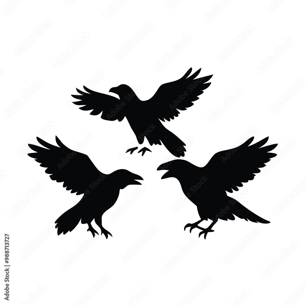 Fototapeta premium black silhouette of three crows. The crows are facing each other and appear to be in mid-flight. vector silhouette,