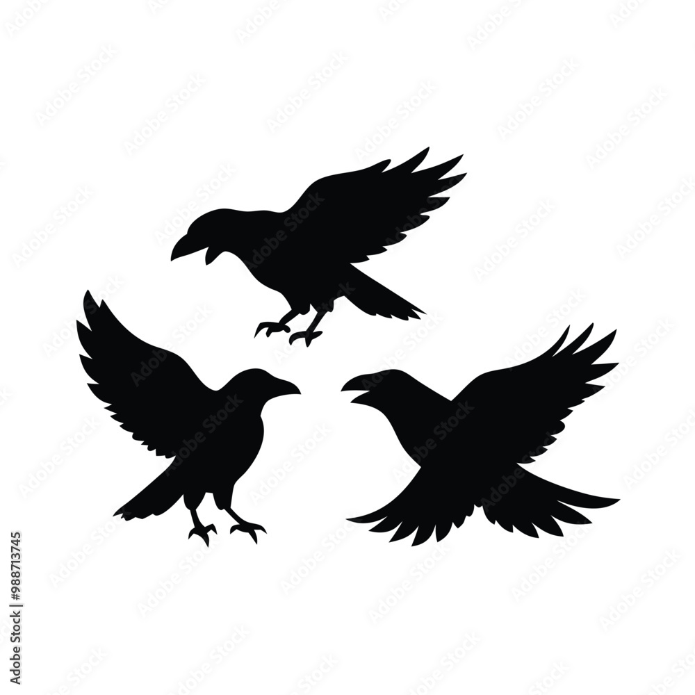 black silhouette of three crows. The crows are facing each other and appear to be in mid-flight. vector silhouette, black silhouette of three crows. The crows are facing each other and appear to be in mid-flight. vector silhouette,