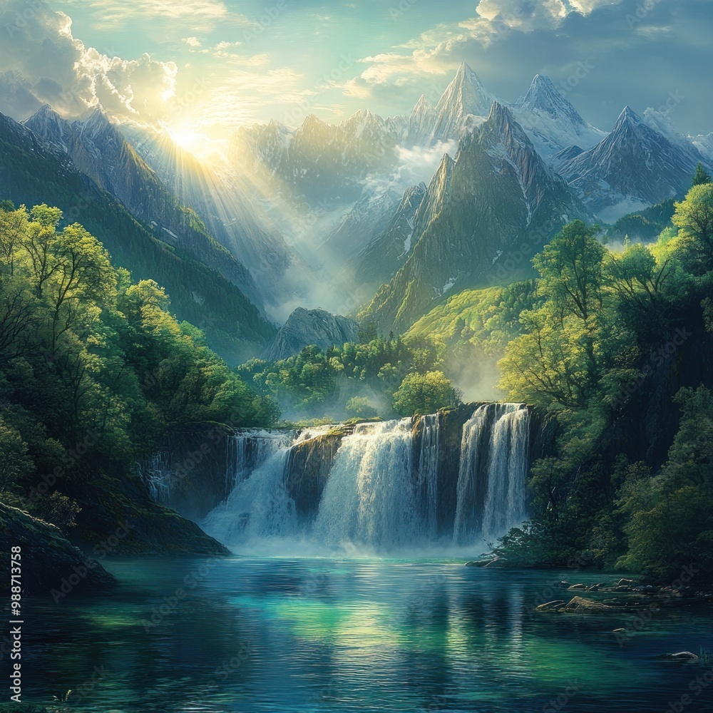 Fototapeta premium A Majestic Waterfall Cascades into a Tranquil Mountain Lake