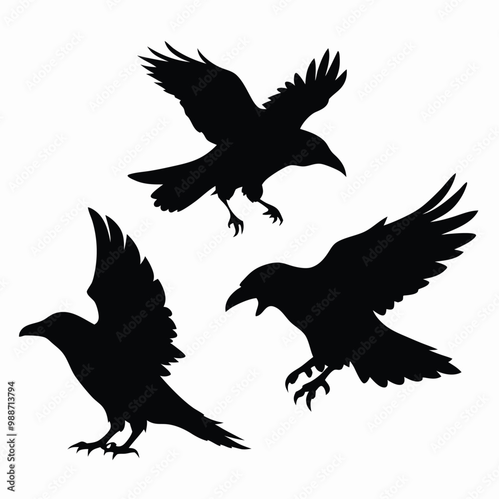 Obraz premium black silhouette of three crows. The crows are facing each other and appear to be in mid-flight. vector silhouette,