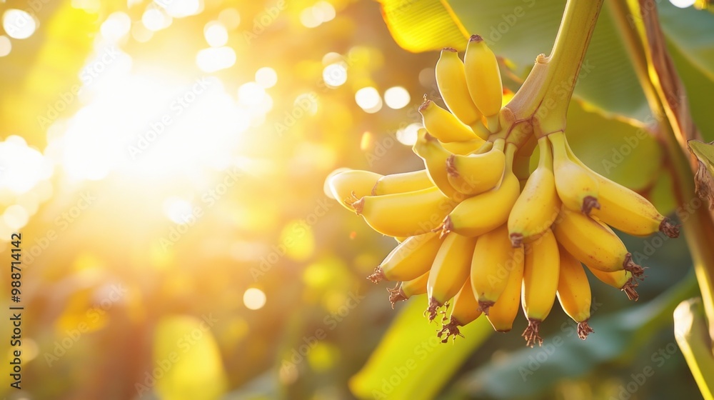 Bright yellow bananas hanging on the tree in a plantation at sunrise. Bright yellow bananas hanging on the tree in a plantation at sunrise.
