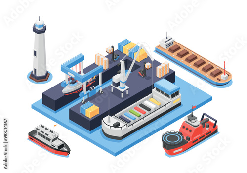 Isometric seaport cargo service. Ship renovation and repair station. Industrial marine port, ships vessels boats. 3d ocean terminal flawless vector scene