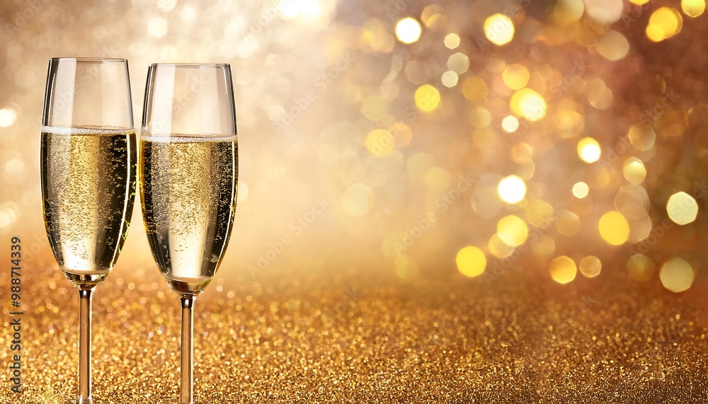 two champagne glasses glittery background two champagne glasses glittery background