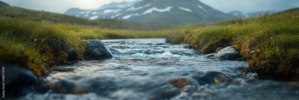 Serene Stream Flowing Through a Tranquil Landscape with Softly Blurred Mountains in the Background Serene Stream Flowing Through a Tranquil Landscape with Softly Blurred Mountains in the Background