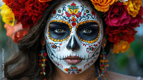 beautiful woman with painted skull on her face for Mexico's Day of the Dead