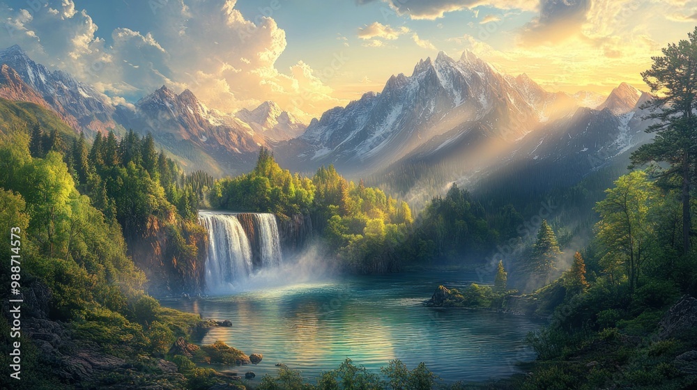 Fototapeta premium Majestic Waterfall cascading into a pristine lake surrounded by snow-capped mountains and lush green forest under a vibrant sky.