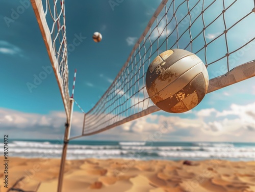 Wallpaper Mural A detailed shot of the volleyball net and ball mid-air, with the sandy beach and ocean in the background Torontodigital.ca