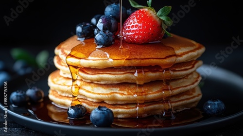 Wallpaper Mural Pancakes drizzled with maple syrup and garnished with fresh blueberries and strawberries, creating a delightful breakfast or brunch with a mix of sweet and fruity flavors. Torontodigital.ca