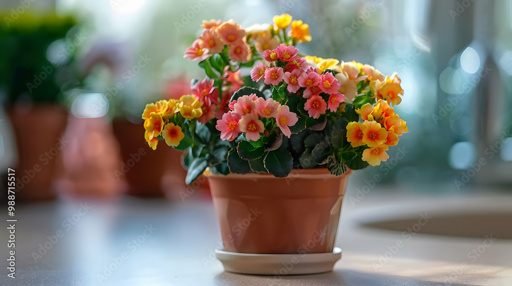 Close-up of a Potted Plant with Blooming Pink and Yellow Flowers