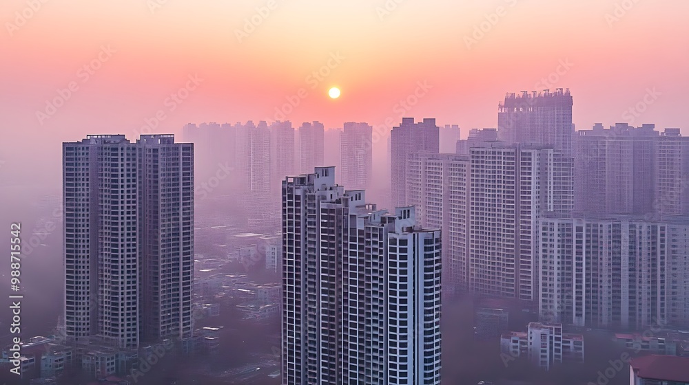 Cityscape Skyline at Sunset with Haze and Sun Cityscape Skyline at Sunset with Haze and Sun