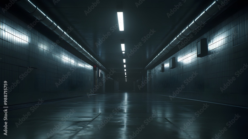 Dark Industrial Tunnel with Fluorescent Lights and Pipes Dark Industrial Tunnel with Fluorescent Lights and Pipes