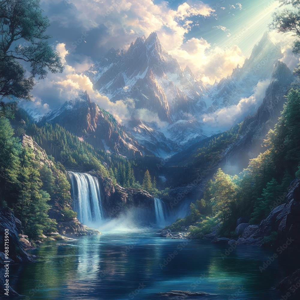 Fototapeta premium Majestic Mountain Range with a Cascading Waterfall and a Tranquil Lake