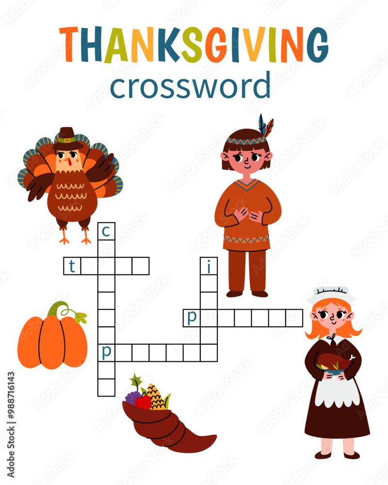 Fototapeta premium Thanksgiving crossword puzzle game with turkey, pilgrim, indian, pumpkin and cornucopia. Printable worksheet with solution for school and preschool. Vector cartoon Illustration for children.