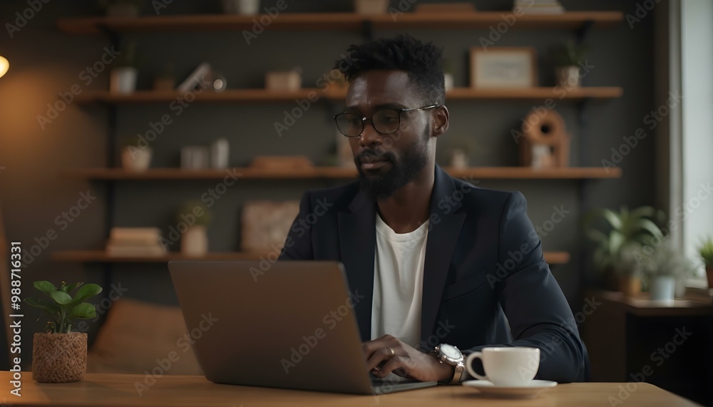 A man focused on his work at a computer in a cozy home office, surrounded by books and personal items, with warm lighting creating a comfortable atmosphere for productivity