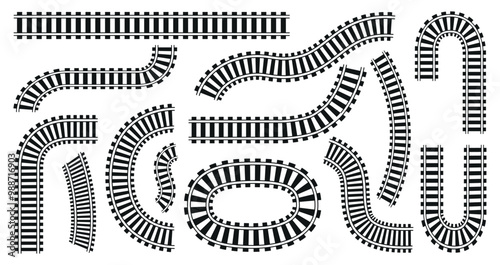 Railway tracks. Top view train paths, isolated flat transportation and road elements. Railroads curved straight for trains. Neoteric transport vector set