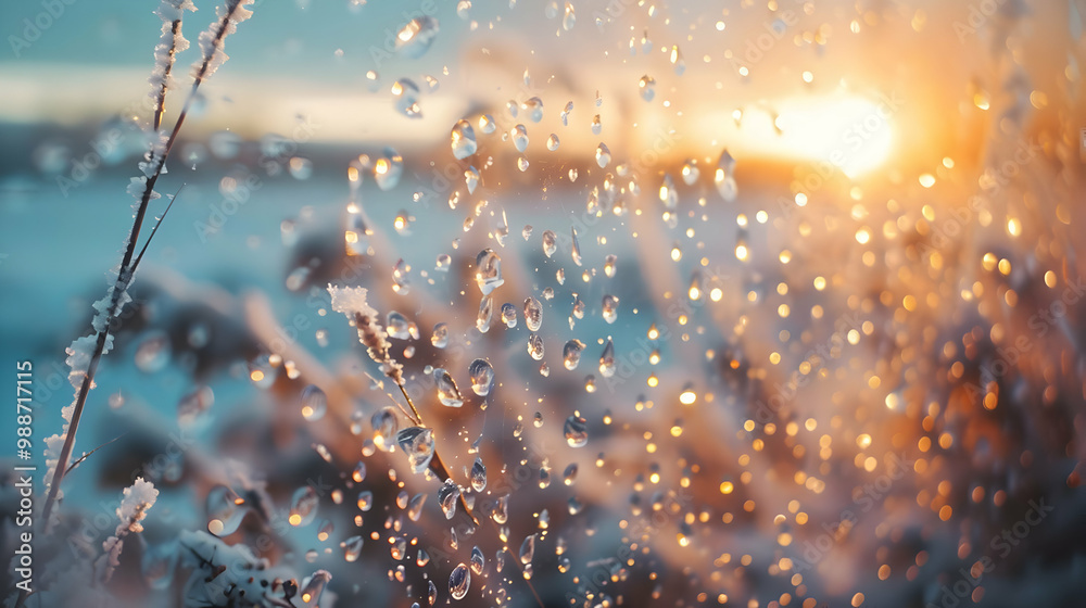 Obraz premium Frozen Grass with Water Drops at Sunset