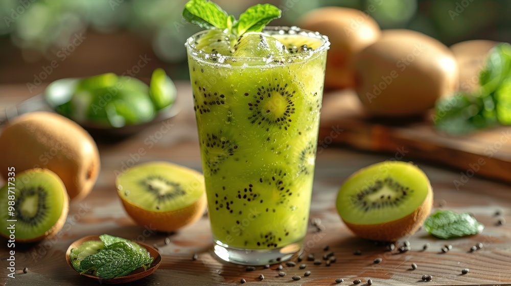 Refreshing kiwi mojito served in a glass with mint leaves and sliced kiwis on a rustic wooden table. Generative AI Refreshing kiwi mojito served in a glass with mint leaves and sliced kiwis on a rustic wooden table. Generative AI