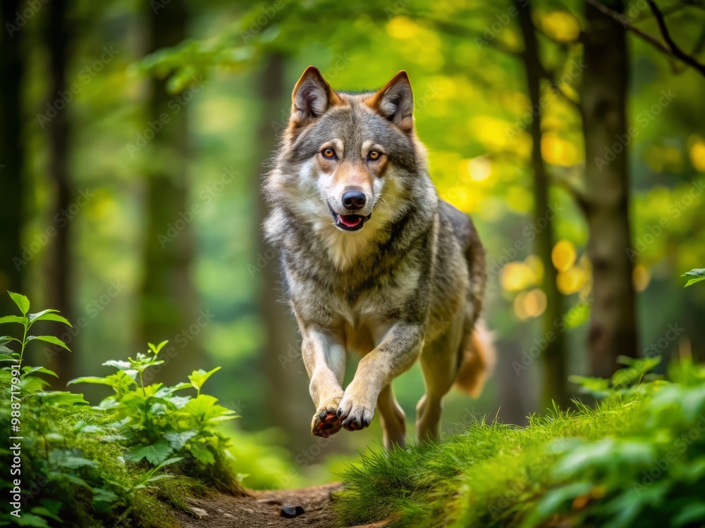 A majestic wolf races through a vibrant forest, its powerful form blending with the lush greenery, illuminated by A majestic wolf races through a vibrant forest, its powerful form blending with the lush greenery, illuminated by