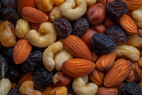 Delicious assortment of almonds, walnuts, cashews, peanuts, hazelnuts, prunes, and raisins